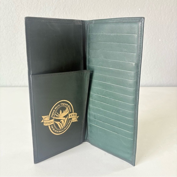 1997 Super Bowl XXXI Green Leather Mens Breast Pocket Long Wallet Card Holder 9”